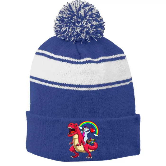 Dabbing Unicorn Riding Dinosaur Valentines Day Rainbow Space Gift Stripe Pom Pom Beanie