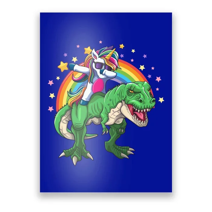 Dabbing Unicorn Riding T Rex Dinosaur Rainbow Gift Poster