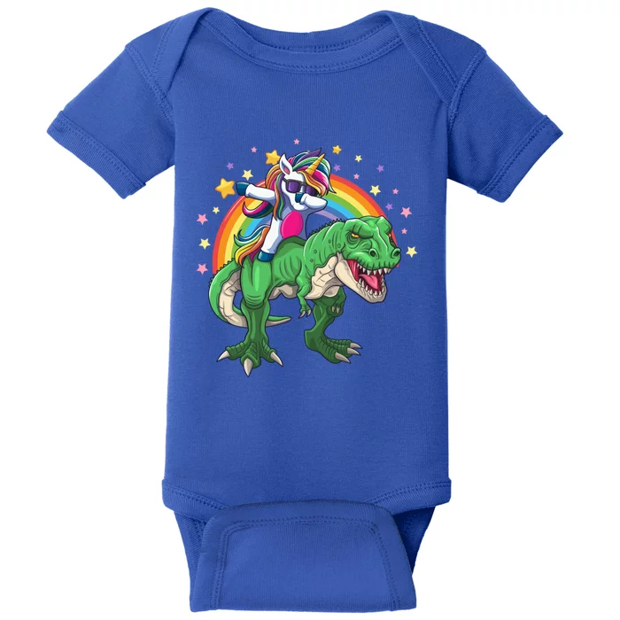 Dabbing Unicorn Riding T Rex Dinosaur Rainbow Gift Baby Bodysuit