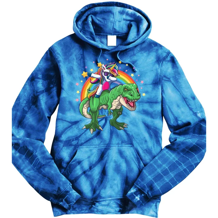 Dabbing Unicorn Riding T Rex Dinosaur Rainbow Gift Tie Dye Hoodie