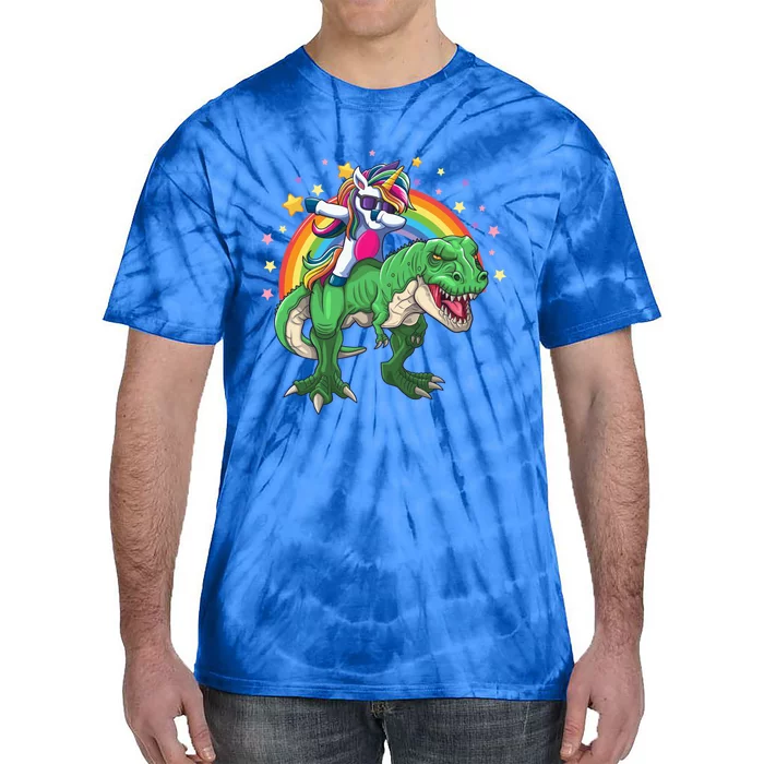 Dabbing Unicorn Riding T Rex Dinosaur Rainbow Gift Tie-Dye T-Shirt