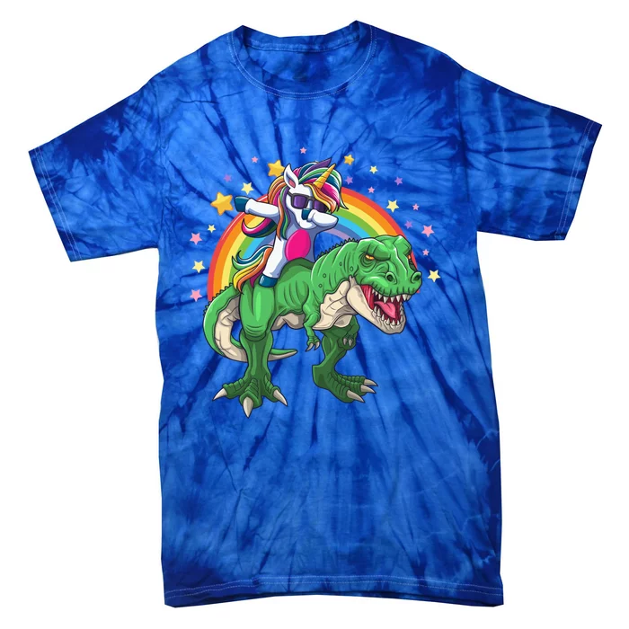 Dabbing Unicorn Riding T Rex Dinosaur Rainbow Gift Tie-Dye T-Shirt