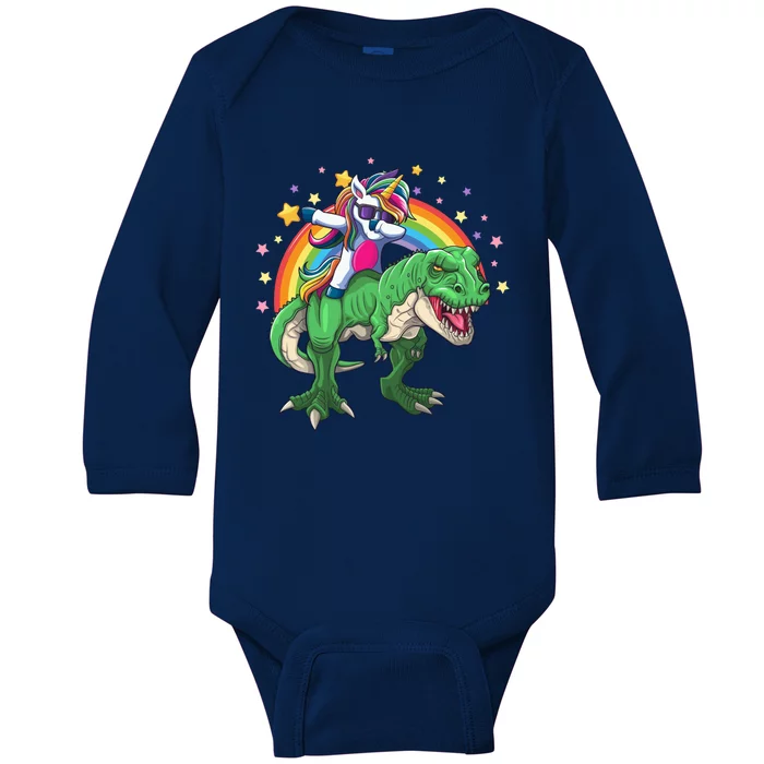 Dabbing Unicorn Riding T Rex Dinosaur Rainbow Gift Baby Long Sleeve Bodysuit