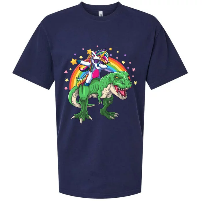 Dabbing Unicorn Riding T Rex Dinosaur Rainbow Gift Sueded Cloud Jersey T-Shirt