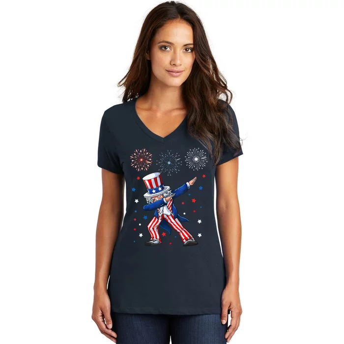 Dabbing Uncle Sam Fireworks 4th Of July Funny Women's V-Neck T-Shirt