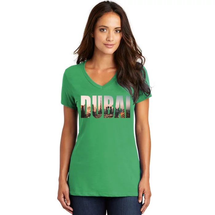 Dubai Uae Skyline Urban Photography Font Women's V-Neck T-Shirt