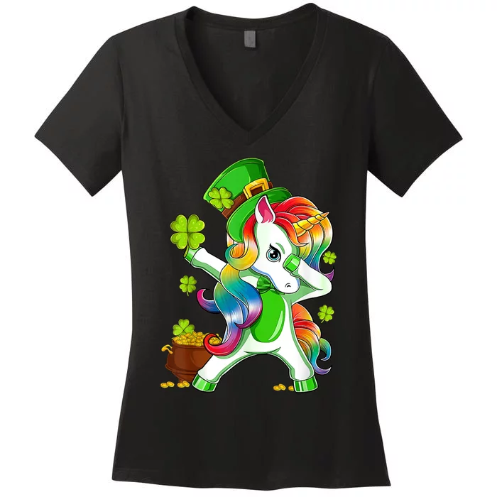 Dabbing Unicorn St Patricks Day Irish Shamrock Women's V-Neck T-Shirt