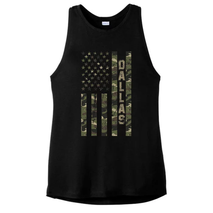 Dallas United States Distressed Camo w US Flag Ladies Tri-Blend Wicking Tank