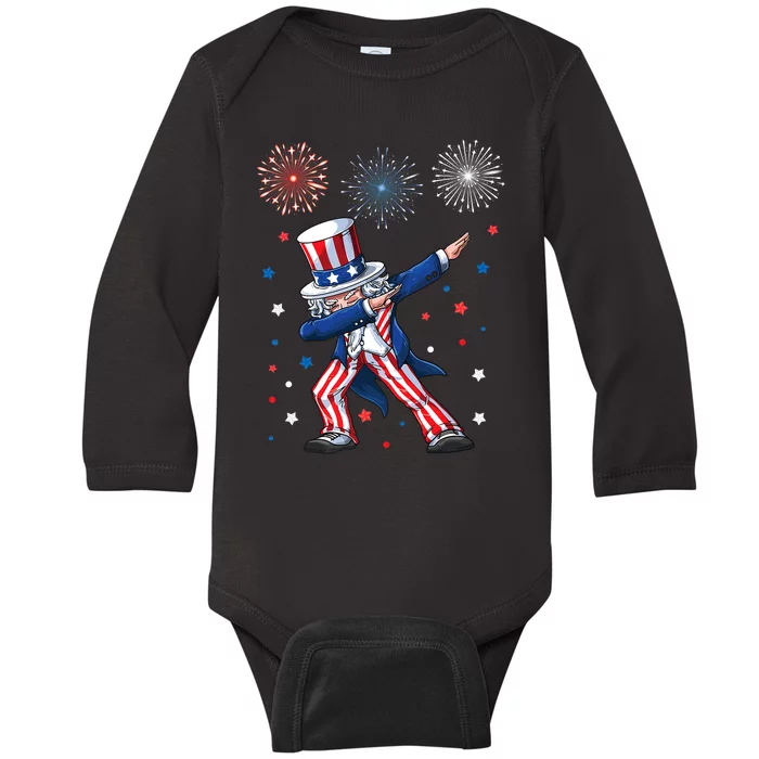 Dabbing Uncle Sam Fireworks 4th Of July Funny Dab Dance Baby Long Sleeve Bodysuit