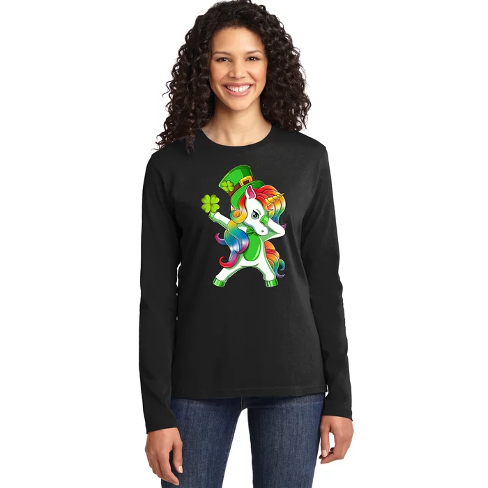 Dabbing Unicorn St Patricks Day Irish Shamrock Lepricorn Ladies Long Sleeve Shirt