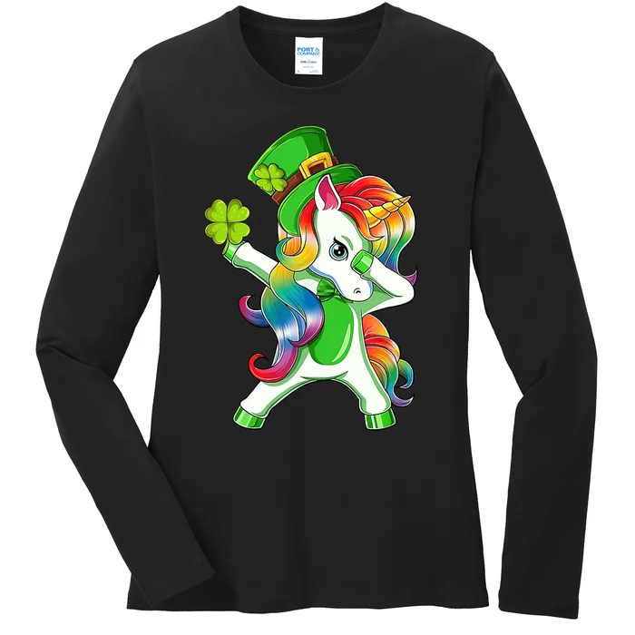 Dabbing Unicorn St Patricks Day Irish Shamrock Lepricorn Ladies Long Sleeve Shirt