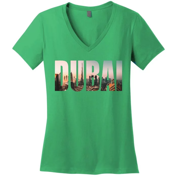 Dubai UAE Skyline Urban Photography Font Women's V-Neck T-Shirt