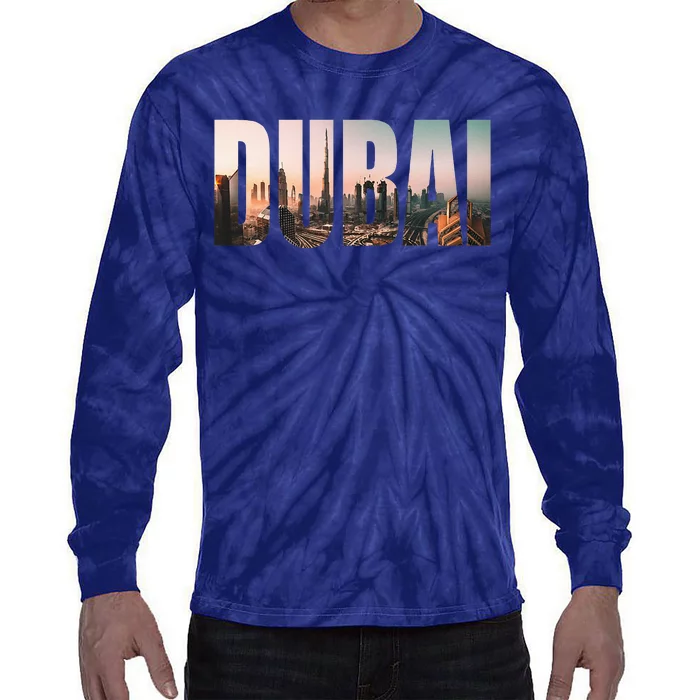 Dubai UAE Skyline Urban Photography Font Tie-Dye Long Sleeve Shirt