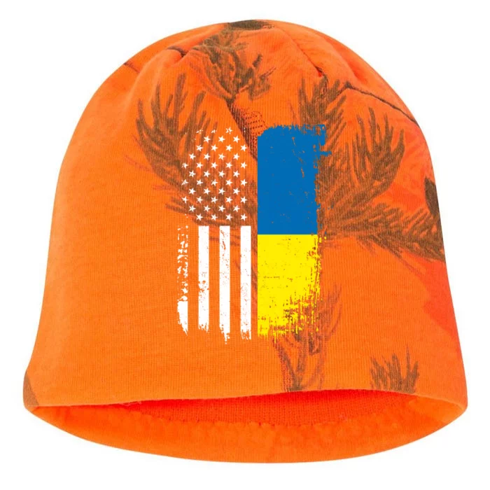 Distressed USA Ukraine Flag Stand With Ukraine Kati - Camo Knit Beanie