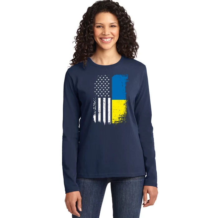 Distressed USA Ukraine Flag Stand With Ukraine Ladies Long Sleeve Shirt