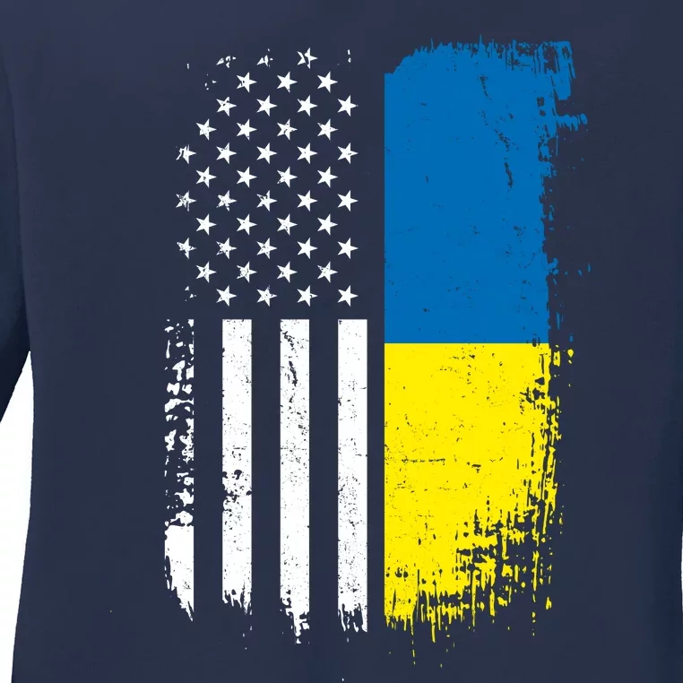 Distressed USA Ukraine Flag Stand With Ukraine Ladies Long Sleeve Shirt