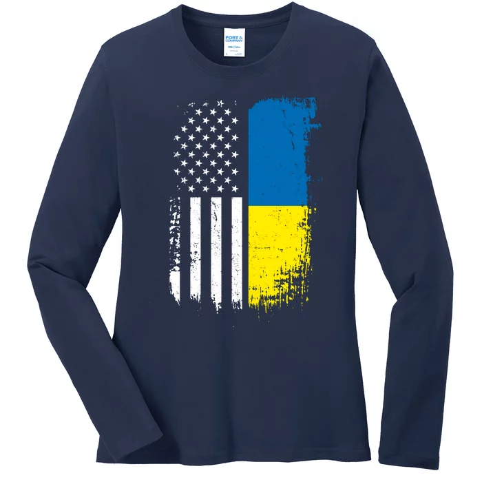 Distressed USA Ukraine Flag Stand With Ukraine Ladies Long Sleeve Shirt