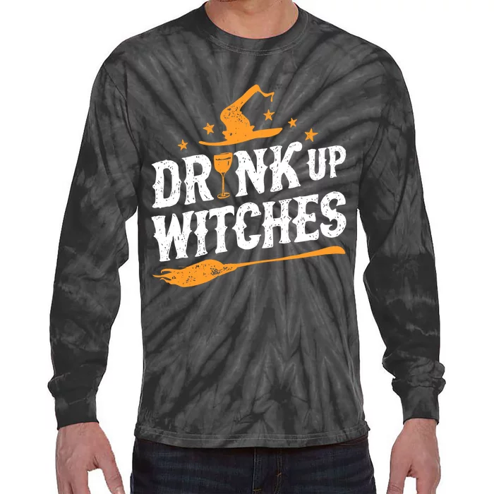 Drink Up Witches Funny Halloween Witch Drinking Wine Tie-Dye Long Sleeve Shirt