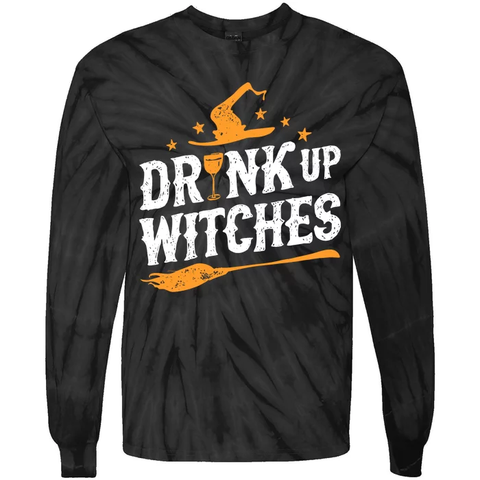 Drink Up Witches Funny Halloween Witch Drinking Wine Tie-Dye Long Sleeve Shirt