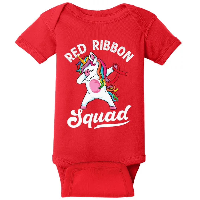 Dabbing unicorn We Wear Red For Red Ribbon Week Awareness Baby Bodysuit