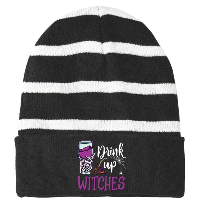 Drink Up Witches Wine Lover Drinking Halloween Costume Striped Beanie with Solid Band