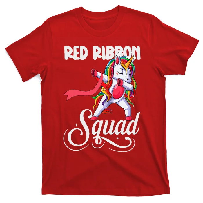 Dabbing unicorn We Wear Red For Red Ribbon Week Awareness T-Shirt