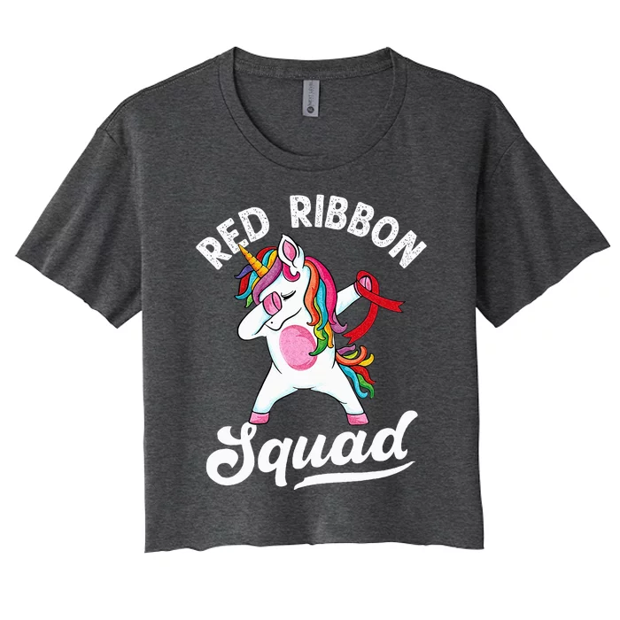 Dabbing Unicorn We Wear Red For Red Ribbon Week Awareness Women's Crop Top Tee