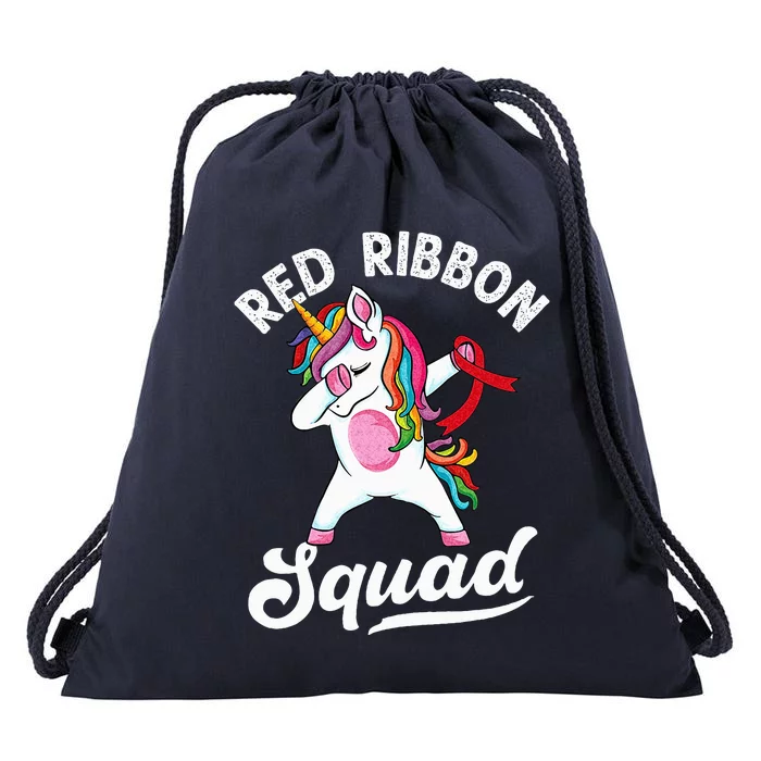 Dabbing Unicorn We Wear Red For Red Ribbon Week Awareness Drawstring Bag