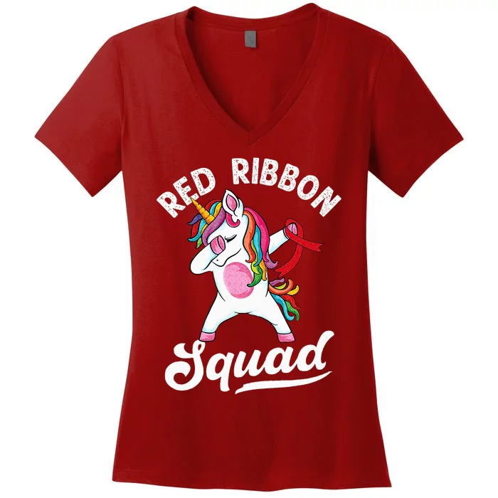 Dabbing Unicorn We Wear Red For Red Ribbon Week Awareness Women's V-Neck T-Shirt