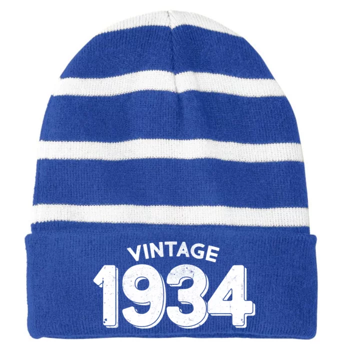 Distressed Vintage 1934 90th Birthday Striped Beanie with Solid Band