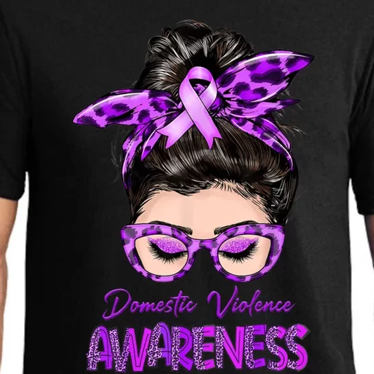 Domestic Violence Awareness Messy Bun Hair Purple Ribbon Pajama Set