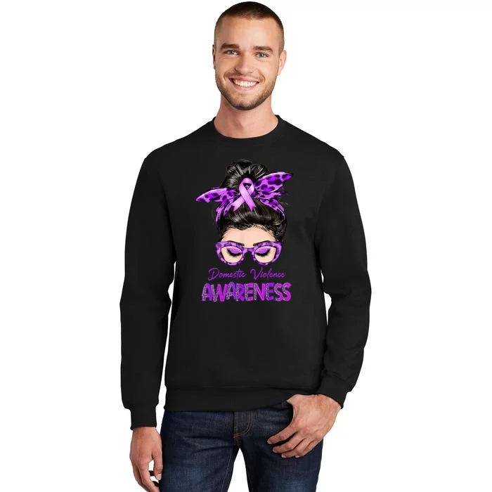 Domestic Violence Awareness Messy Bun Hair Purple Ribbon Tall Sweatshirt