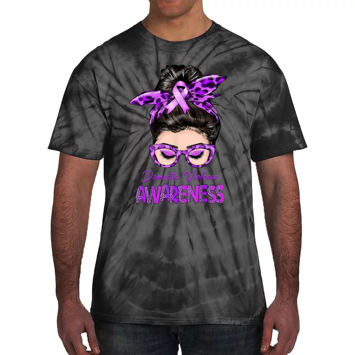 Domestic Violence Awareness Messy Bun Hair Purple Ribbon Tie-Dye T-Shirt