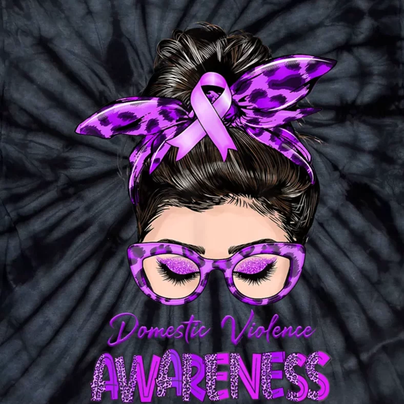 Domestic Violence Awareness Messy Bun Hair Purple Ribbon Tie-Dye T-Shirt