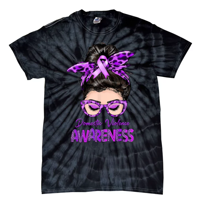 Domestic Violence Awareness Messy Bun Hair Purple Ribbon Tie-Dye T-Shirt