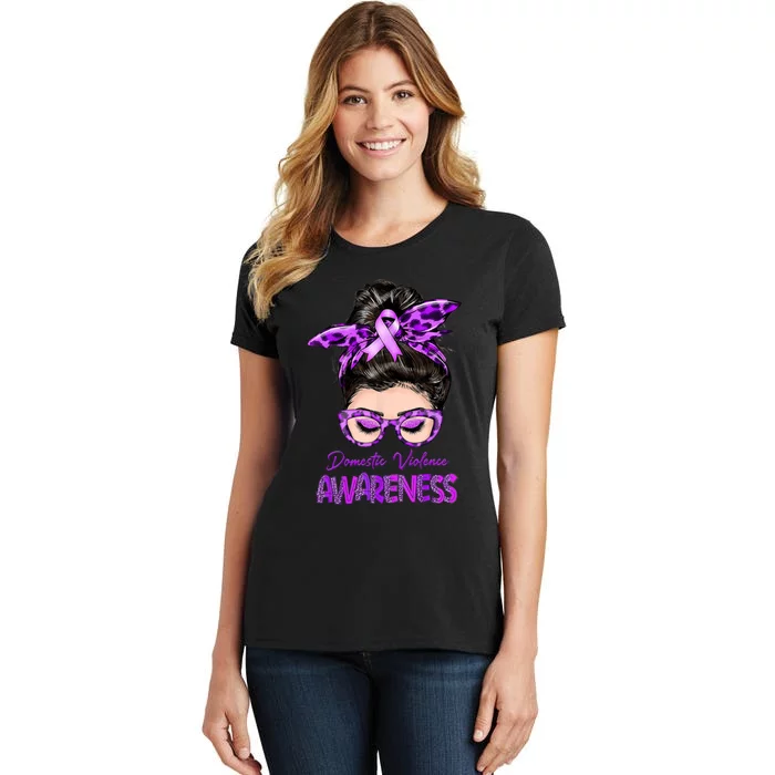 Domestic Violence Awareness Messy Bun Hair Purple Ribbon Women's T-Shirt