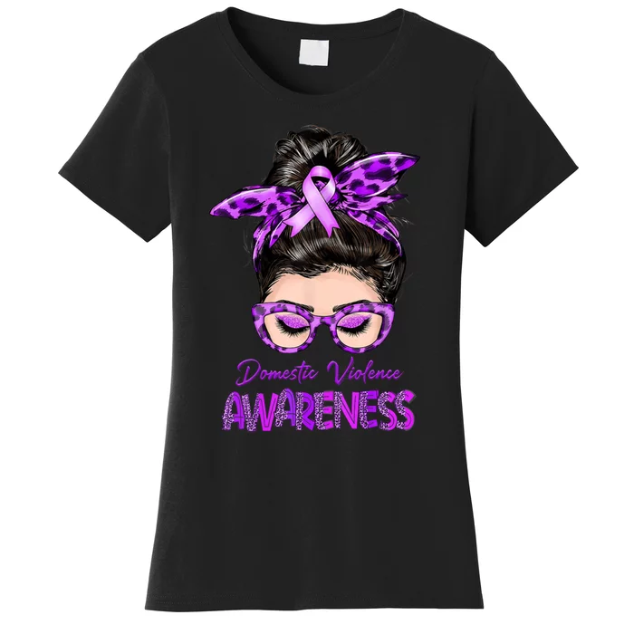 Domestic Violence Awareness Messy Bun Hair Purple Ribbon Women's T-Shirt