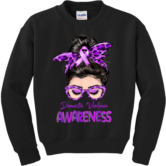 Domestic Violence Awareness Messy Bun Hair Purple Ribbon Kids Sweatshirt