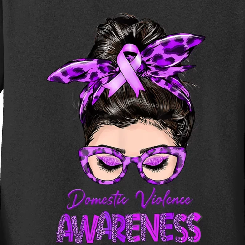 Domestic Violence Awareness Messy Bun Hair Purple Ribbon Kids Long Sleeve Shirt