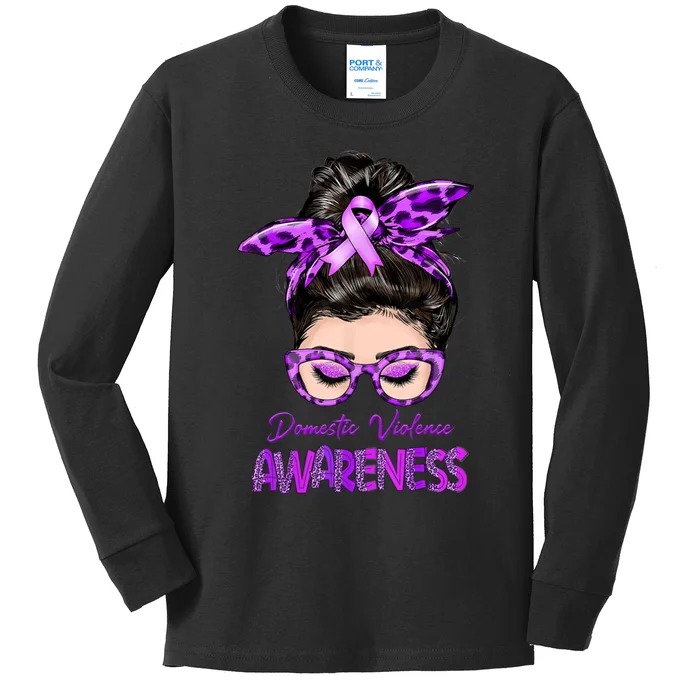 Domestic Violence Awareness Messy Bun Hair Purple Ribbon Kids Long Sleeve Shirt