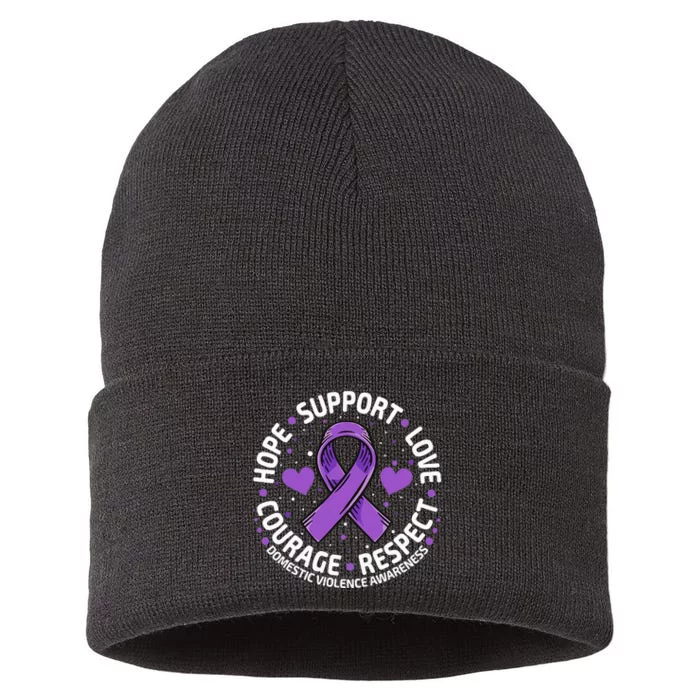 Domestic Violence Awareness LOVE SUPPORT Purple Ribbon Sustainable Knit Beanie