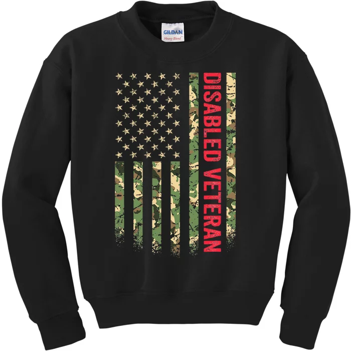 Disabled Veteran American Flag Camouflage Camo Patriotic Vet Kids Sweatshirt