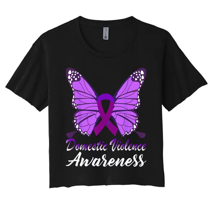 Domestic Violence Awareness Butterfly Purple Ribbon Support Women's Crop Top Tee