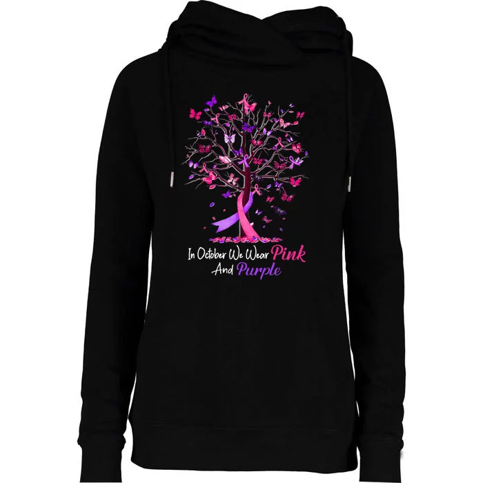 Domestic Violence Breast Cancer Awareness Month Ribbon Tree Womens Funnel Neck Pullover Hood