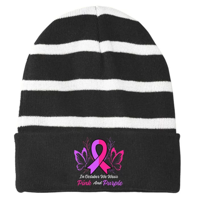 Domestic Violence Breast Cancer Awareness Month Ribbon Striped Beanie with Solid Band