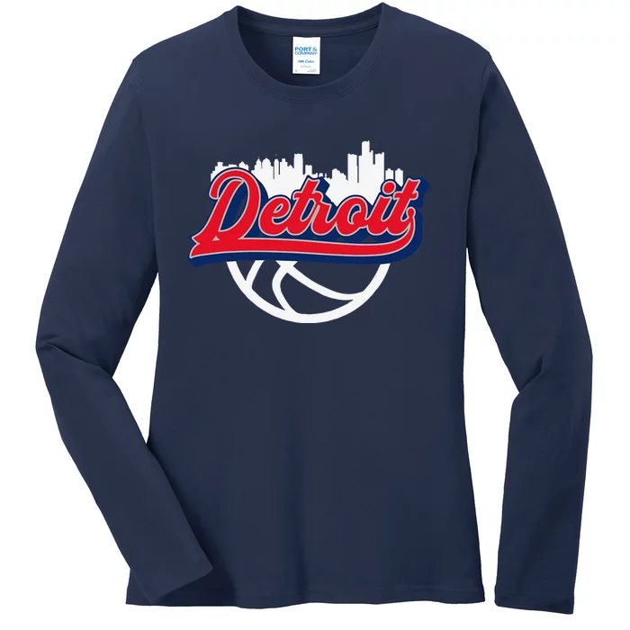 Detroit Vintage Basketball Script City Skyline Fan Ladies Long Sleeve Shirt