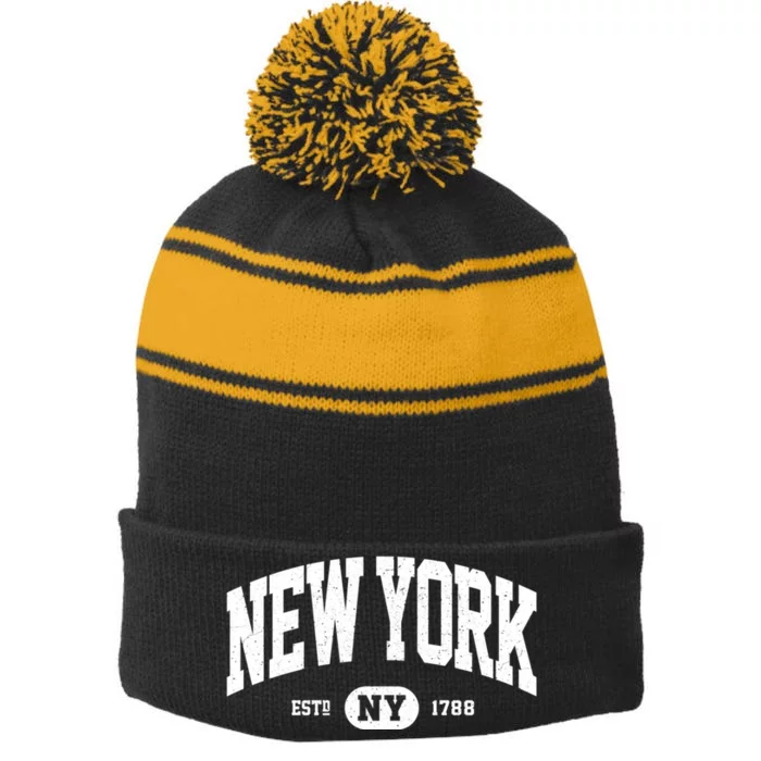 Distressed Vintage Established New York Ny Souvenir Stripe Pom Pom Beanie