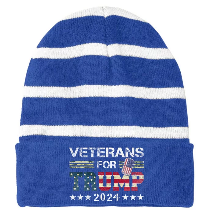 Dad Veterans For Trump 2024 American Flag Striped Beanie with Solid Band