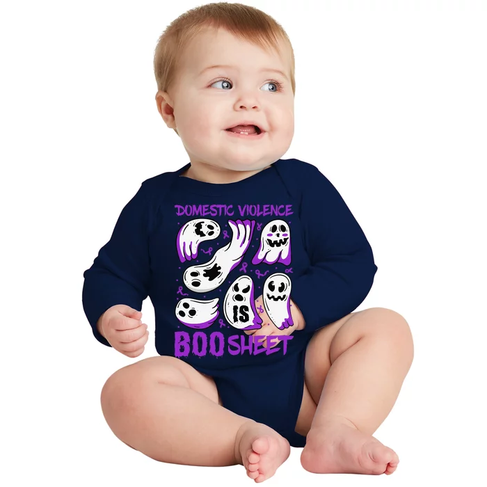 Domestic Violence Is Boo Sheet Ghost Purple Ribbon Halloween Baby Long Sleeve Bodysuit