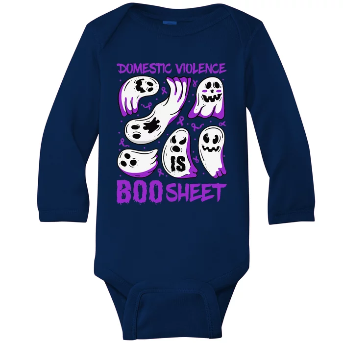 Domestic Violence Is Boo Sheet Ghost Purple Ribbon Halloween Baby Long Sleeve Bodysuit